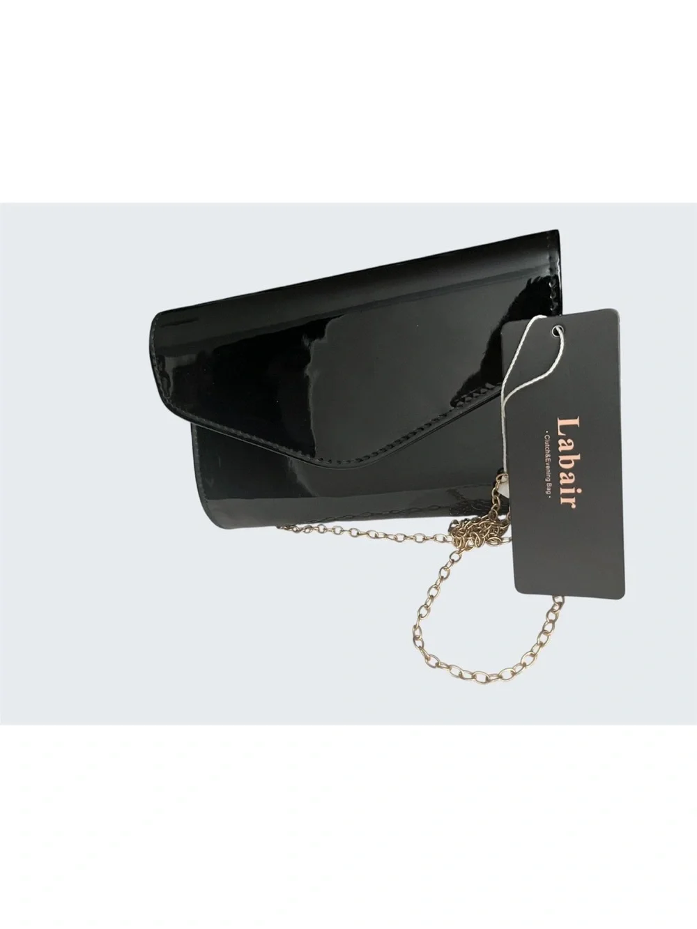 Black Patent Envelope Clutch with Gold Chain